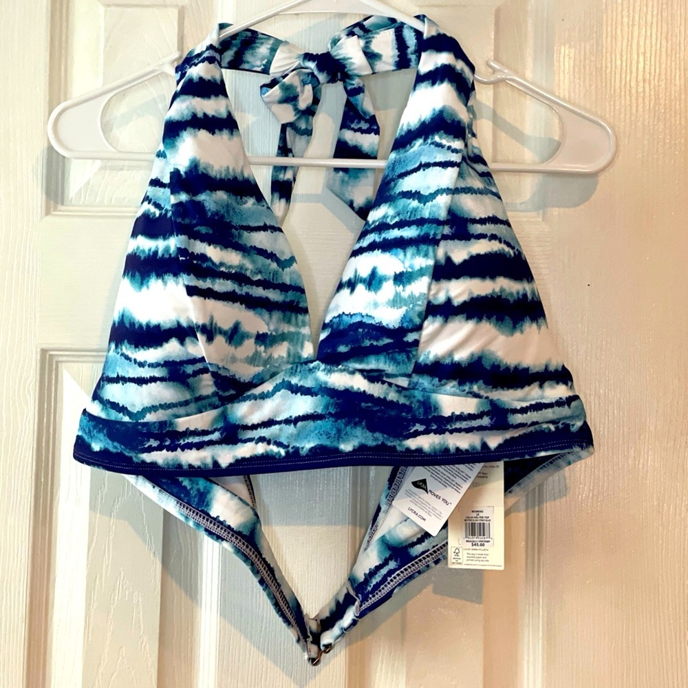 New Calia Halter Top 2X Watercolor‎ Stripe Blue Bikini Top Plus Size Swim Summer